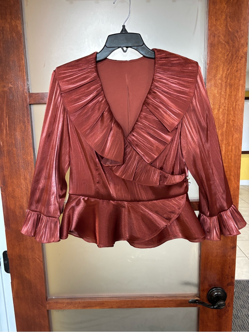 Cachet Rust Satin Ruffle Blouse